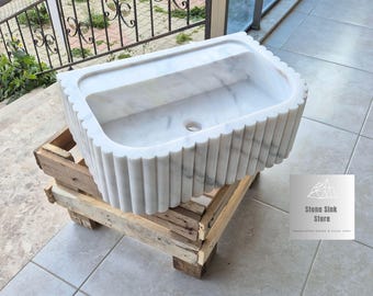 Carrara White Marble Fluted Sink - Wall Mounted: Handcrafted White Stone Basin