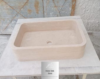 Travertine Rounded Corner Rectangular Sink: Handcrafted Stone Basin