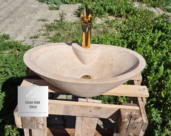 Handcrafted Travertine Boat Sink - with Faucet Hole