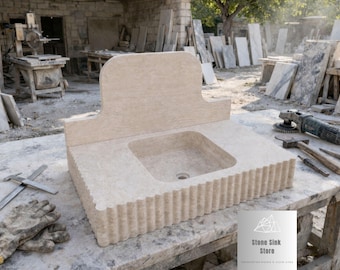 Travertine Ribbed Exterior Wall Mount Sink - with Backsplash: Handcrafted Stone Sink