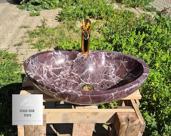 Rosso Levanto Marble Handcrafted Ellips Sink - with Facuet Hole