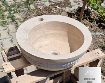 Travertine Hammered Design Wash Basin with Faucet Hole - Vessel Sink - Natural Stone Sink