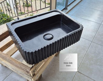 Black Marble Fluted Sink - Hidden Drain - Ribbed Design - Wall Mount