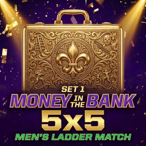 May include: A gold-colored briefcase with an ornate embossed surface featuring a fleur-de-lis, a ladder, a wrestling mask, and figures. Text reads: SET 1 MONEY IN THE BANK 5X5 MEN'S LADDER MATCH. The design is set against a dark purple background with gold confetti.