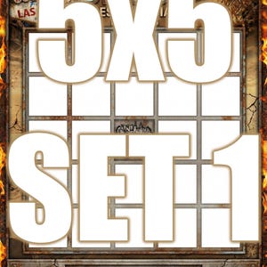 May include: A rectangular graphic with the text "5X5 SET 1 NIGHT 1" in large white letters. The background is a grid of white squares with a rusty metal frame and a fiery border. The words "Welcome to Las Vegas" are visible.