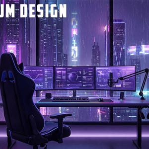 May include: A modern gaming setup with three monitors, a microphone, and a gaming chair. The text "PREMIUM DESIGN" is displayed at the top. The background features a futuristic cityscape with purple and blue lighting.