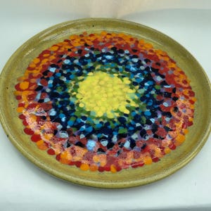 Ceramic stoneware handmade yellow plate/platter with multicoloured spotty design