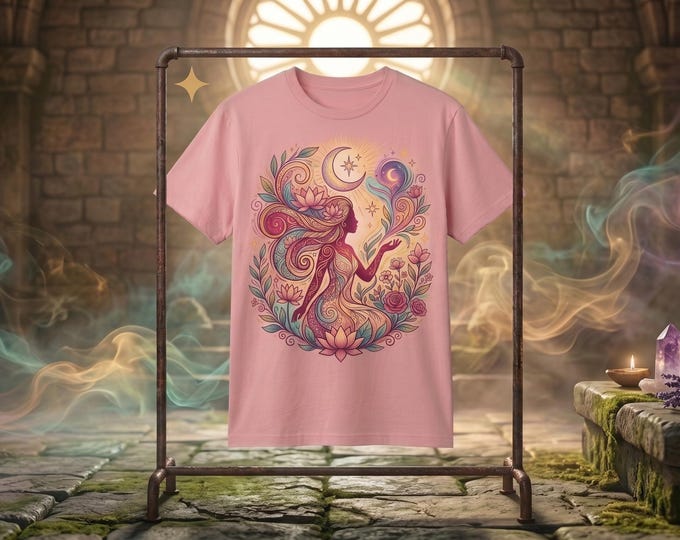 Featured listing image: Celestial Woman Lotus Moon Graphic Tee, Divine Feminine Boho Goddess Shirt, Spiritual Healing Art Gift for Her