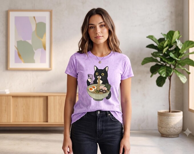 Featured listing image: Black Cat Eating Ramen Graphic Tee, Kawaii Anime Noodle Shirt, Foodie Gift