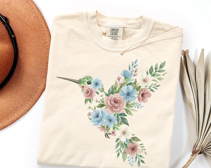 Featured listing image: Floral Hummingbird Graphic Tee, Watercolor Bird Botanical Shirt, Nature Lover Gift, Spring Garden Bird Lover Present