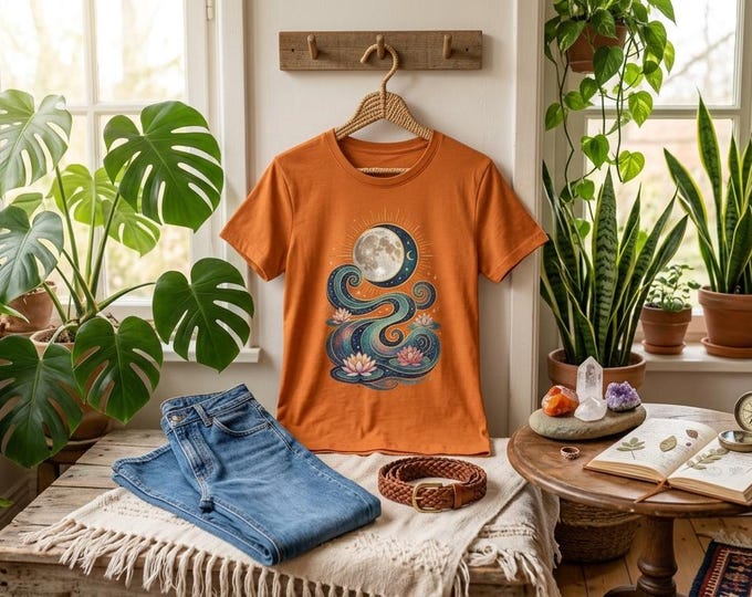 Featured listing image: Sacred Feminine Graphic Tee, Divine Feminine Shirt, Moon Phase and Lotus Flower T-shirt, Spiritual Orange Top, Sacral Chakra Healing Gift