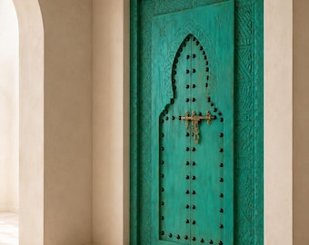 Handsnidad marockansk trädörr, turkos dubbeldörr i riad med mässingsbeslag, specialanpassad massivdörr, boho berber entrédörr