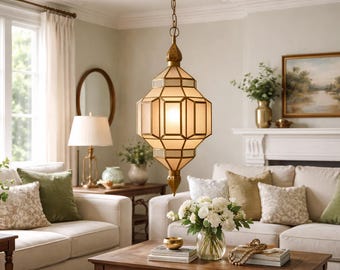 Lámpara colgante de latón y cristal hecha a mano, lámpara de techo tipo farol marroquí, lámpara colgante geométrica, iluminación vintage para recibidor.