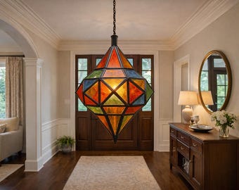 Moroccan Brass Stained Glass Pendant Light, Handmade Hanging Lamp, Black Finish Ceiling Light, Colorful Entryway Chandelier 50 cm