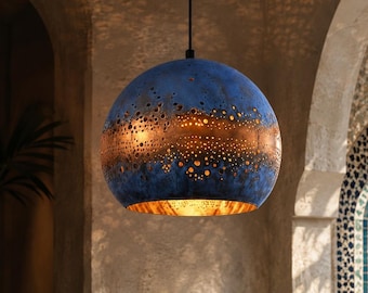 Handmade Moroccan Brass Pendant Light, Turquoise Patina Copper Dome Lamp, Boho Kitchen Island Ceiling Light