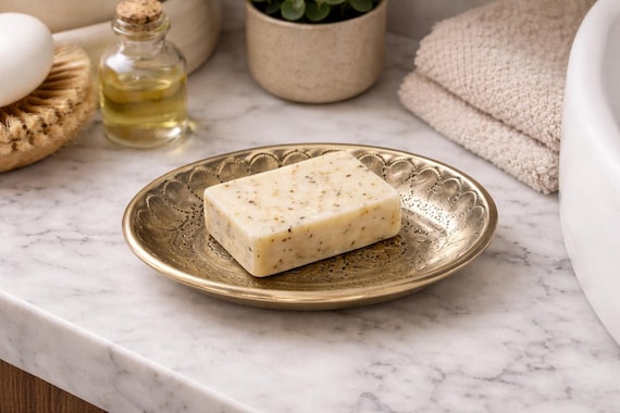 Handcrafted Brass Soap Dish, Moroccan Engraved Oval Tray, 12x8 cm, Boho Bathroom Decor