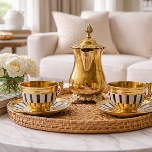 Juego de café y té marroquí de latón con 2 tazas de porcelana, juego de tetera dorada, elegante juego de servir hecho a mano, decoración de estilo vintage