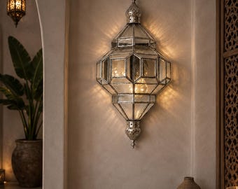 Handmade Moroccan Wall Sconce, Brass Glass Lantern, Silver Geometric Art Deco Wall Light, Bedroom Hallway Lighting