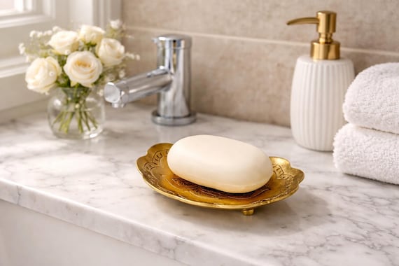Handcrafted Moroccan Brass Soap Dish, Engraved Vintage Brass Trinket Dish, Decorative Bathroom Decor, Oval Scalloped Dish