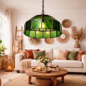Lámpara colgante de cristal verde, lámpara colgante marroquí de latón hecha a mano, lámpara de techo de bronce vintage, accesorio para isla de cocina.