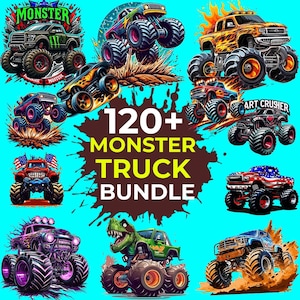 May include: A collection of colorful monster truck illustrations on a turquoise background. The image features various designs, including trucks with flames, flags, and dinosaur themes. Text reads "120+ Monster Truck Bundle."