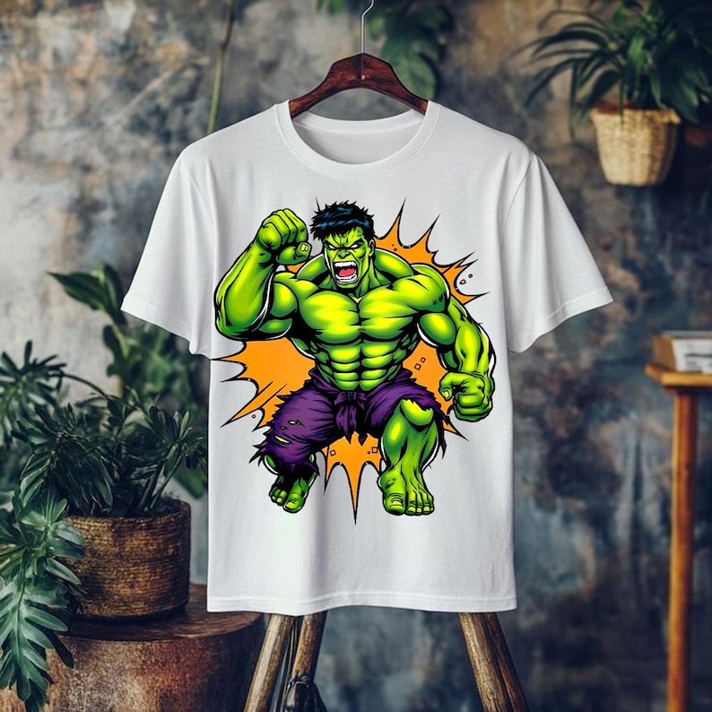 May include: White t-shirt featuring a vibrant graphic of the Hulk in a dynamic pose. The Hulk is depicted in green with purple pants, set against an orange burst design. The shirt is hanging on a wooden hanger.