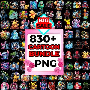 Può includere: Una collezione di immagini di personaggi dei cartoni animati, tra cui Mickey Mouse, Spider-Man e Pikachu, disposte attorno a una cornice rosa centrale. La cornice mostra il testo "830+ Cartoon Bundle PNG" con uno striscione "Big Sale".