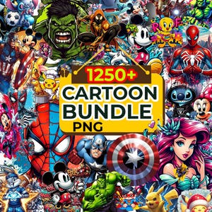 Può includere: Un collage vibrante con numerosi personaggi dei cartoni animati, tra cui Spider-Man, Topolino e Capitan America. Un cartello giallo recita "1250+ CARTOON BUNDLE PNG". L'immagine è piena di illustrazioni colorate di varie serie animate.