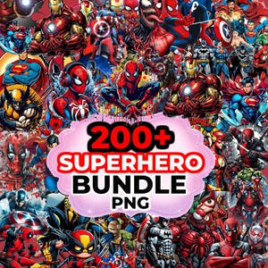 Puede incluir: Un vibrante collage de ilustraciones de superhéroes, con personajes como Spider-Man, Iron Man y Capitán América. La imagen incluye el texto "200+ SUPERHERO BUNDLE PNG" en un diseño rosa y blanco, perfecto para proyectos de arte digital.