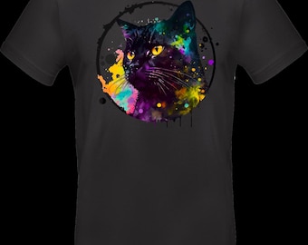 Streetwear T-shirt with DTF print | TC_0013 Mystic Black Cat | Unisex cotton Oeko-Tex | Black cat with colorful splash effect