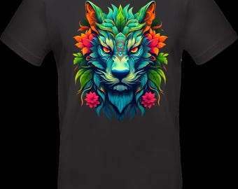 Streetwear T-shirt with DTF print | TC_0004 Jungle Lion Spirit | Unisex cotton Oeko-Tex | Lion head design with leaves & flowers