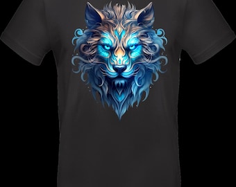 Streetwear T-shirt with DTF print | TC_0015 Mystic Ice Lion | Unisex cotton Oeko-Tex | Lion's head in blue and gold with glowing eyes