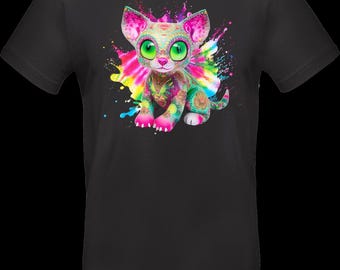Streetwear T-shirt with DTF print | TC_0005 Psychedelic Kitty | Unisex cotton Oeko-Tex | Colorful cartoon cat with neon colors