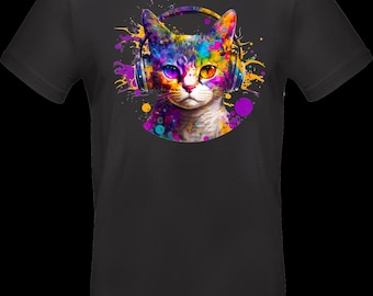Streetwear T-shirt with DTF print | TC_0022 Music Splash Cat | Unisex cotton Oeko-Tex | Colorful cat with headphones & neon splash