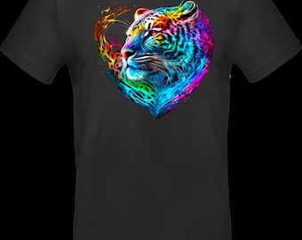 Streetwear T-shirt with DTF print | TC_0003 Rainbow Tiger Heart | Unisex cotton Oeko-Tex | Colorful tiger head design with heart effect