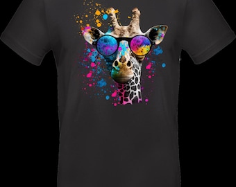 Streetwear T-shirt with DTF print | TC_0019 Cool Giraffe Shades | Unisex cotton Oeko-Tex | Giraffe with colorful sunglasses & splash effect