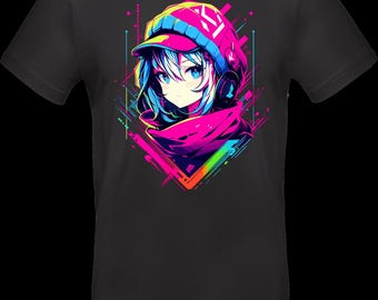 Streetwear T-shirt with DTF print | TC_0007 Neon Anime Girl | Unisex cotton Oeko-Tex | Cyberpunk Manga character design