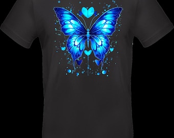 Streetwear T-shirt with DTF print | TC_0016 Blue Butterfly Glow | Unisex cotton Oeko-Tex | Glowing butterfly with heart details