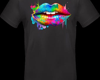 Streetwear T-shirt with DTF print | TC_0024 Rainbow Lips | Neon Colorful Lips Splash Design | Oeko-Tex Cotton | Festival & Streetwear
