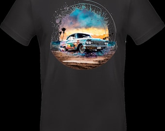 Streetwear T-shirt with DTF print | TC_0017 Sunset Lowrider | Unisex cotton Oeko-Tex | Colorful vintage car in retro beach style