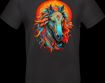 Streetwear T-shirt with DTF print | TC_0020 Fire & Freedom Horse | Unisex cotton Oeko-Tex | Ornamental horse with red mane and sun motif