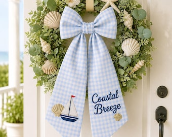 Personalized Coastal Breeze Wreath Sash, Custom Blue Gingham Bow, Embroidered Sailboat Door Ribbon, Summer Nautical Decor
