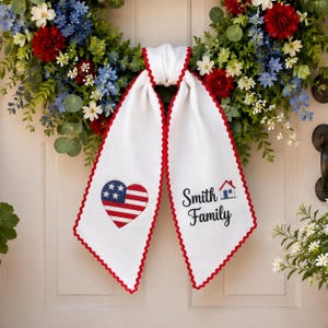 Custom Embroidered Wreath Sash, Grandmillennial Patriotic Door Ribbon, USA Monogram Wreath Bow, Elegant 4th of July Home Decor