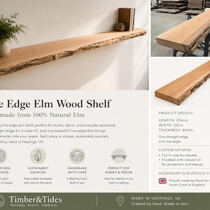 May include: A live edge elm wood shelf featuring one straight edge and one natural live edge. The shelf measures 256 cm in length, 25 cm in width, and 45 mm in thickness. The wood displays a light brown tone with visible grain patterns and texture.