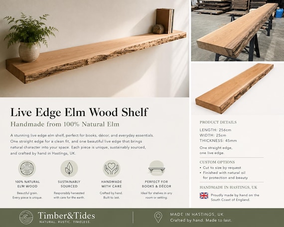 Extra-Long Live Edge Elm Shelf, 256 cm Kiln-Dried Wall Shelf, Natural Grain, Handmade UK floating shelf hallway, Mantel wooden Shelf Sample