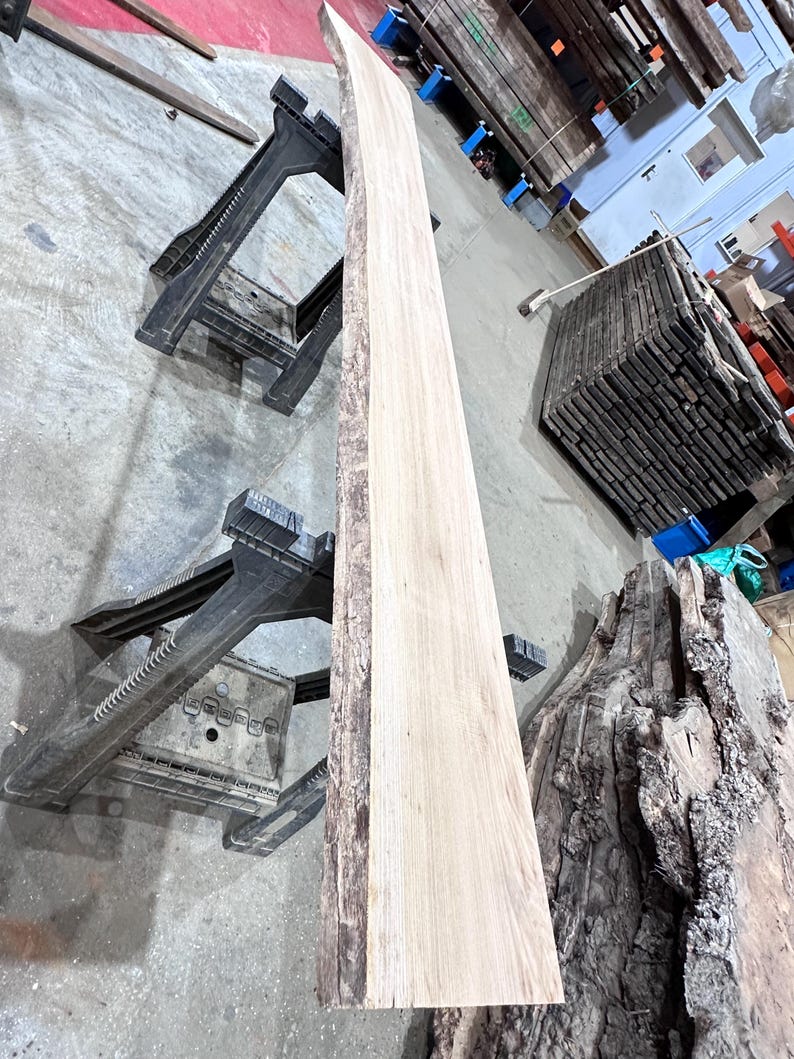 May include: A long, rectangular live edge wood slab with a light tan, smooth surface and a dark, textured natural bark edge. The slab is supported by two black plastic sawhorses in a workshop setting, showcasing the raw grain and wood texture.
