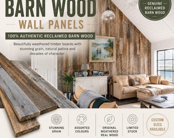 May include: Original weathered barn wood wall panels made of 100% authentic reclaimed timber. The boards feature natural patina and visible grain. The image displays the product text and a living room wall covered in these brown wooden planks.