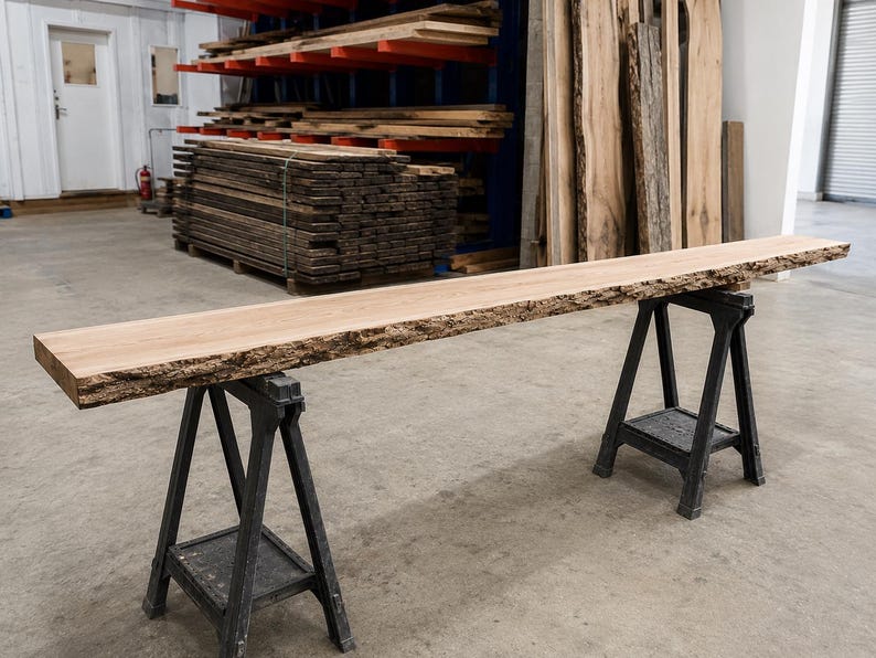 May include: A long, rectangular wooden slab with a natural live edge, featuring a light brown wood grain surface. The slab is supported by two black plastic sawhorses, positioned horizontally to display the length and texture of the wood.
