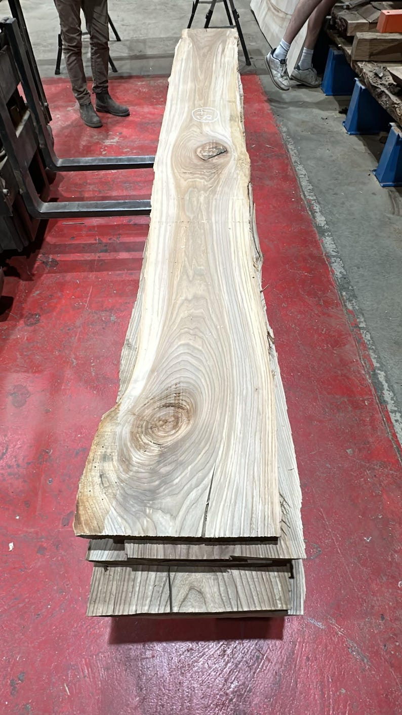 K&ouml;nnte beinhalten: Eine lange, unbehandelte Holzbohle mit Naturkante, hellbrauner und beiger Maserung, markanten Astl&ouml;chern und organischen Kanten. Die Oberfl&auml;che zeigt eine sichtbare Holzmaserung sowie eine kreisf&ouml;rmige Markierung mit der eingeschriebenen Zahl 48.
