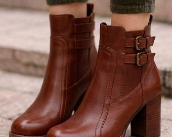 Cognac Real Leather Double Buckle Ankle Boots with Chunky Block Heel and Lug Sole – Versatile Women’s Statement Fashion Booties